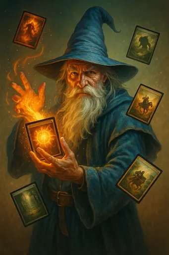 Wizard conjuring a magic the gathering cards