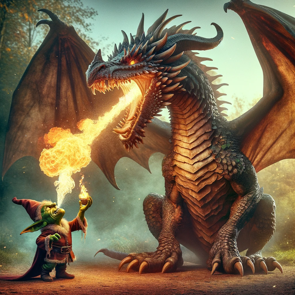 goblin and dragon playing with fire